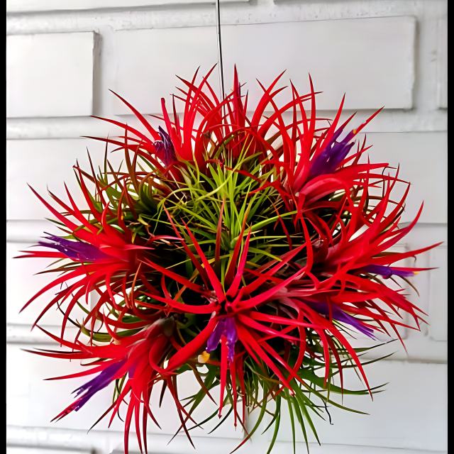 A red ball of air plants hanging on a white wall